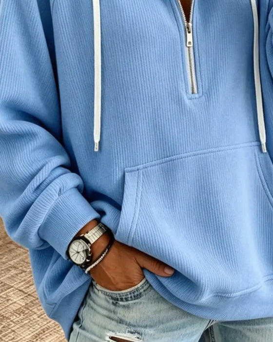 Sweat À Capuche Demi-Zip Manche Longue Poche