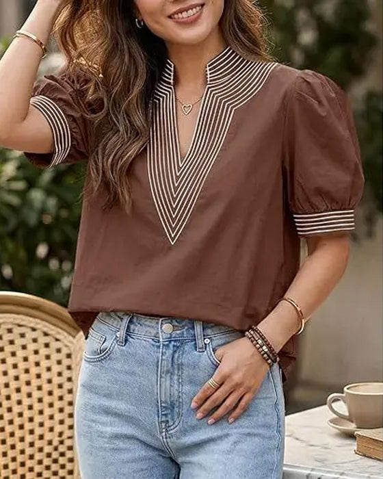 Blouse Col V Manche Bouffante Rayée
