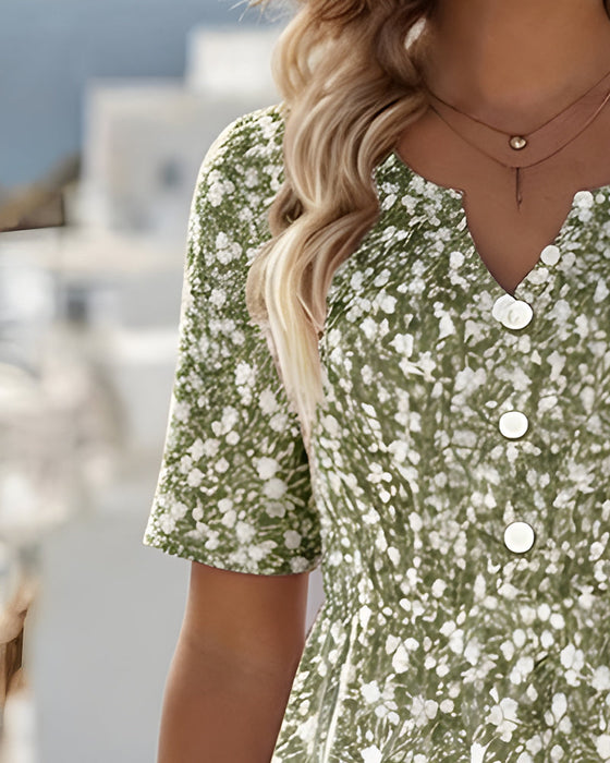 Robe Col V Manches Courtes Fleurie