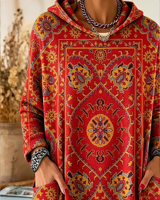 Hoodie Imprimé Bohémien Capuche Longue Ligne