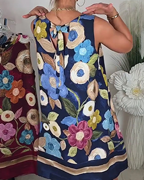 Robe Peinture À L‘huile Florale Sans Manches Droite