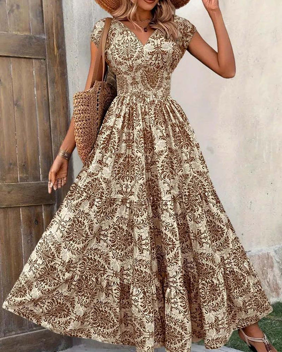 Robe Rétro Imprimé Col En V Taille Cintrée Longue