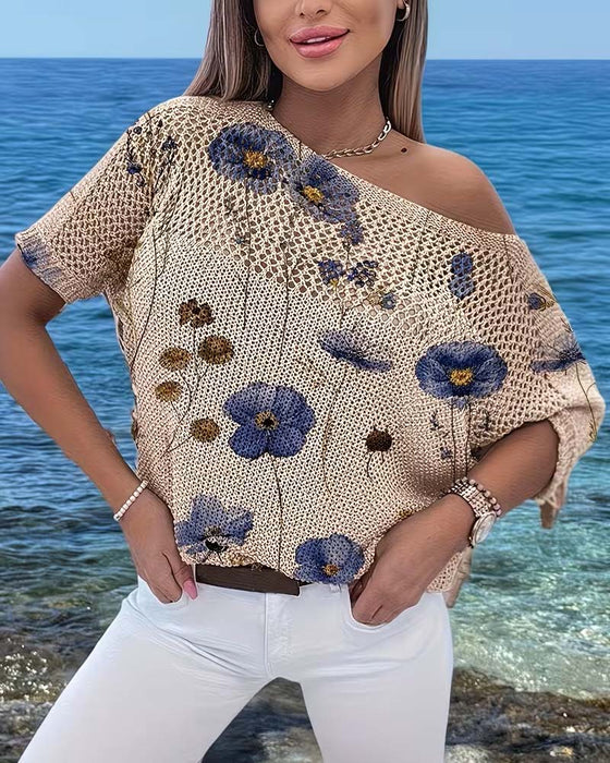 Pullover Col Rond Fleuri Évidé Lâche