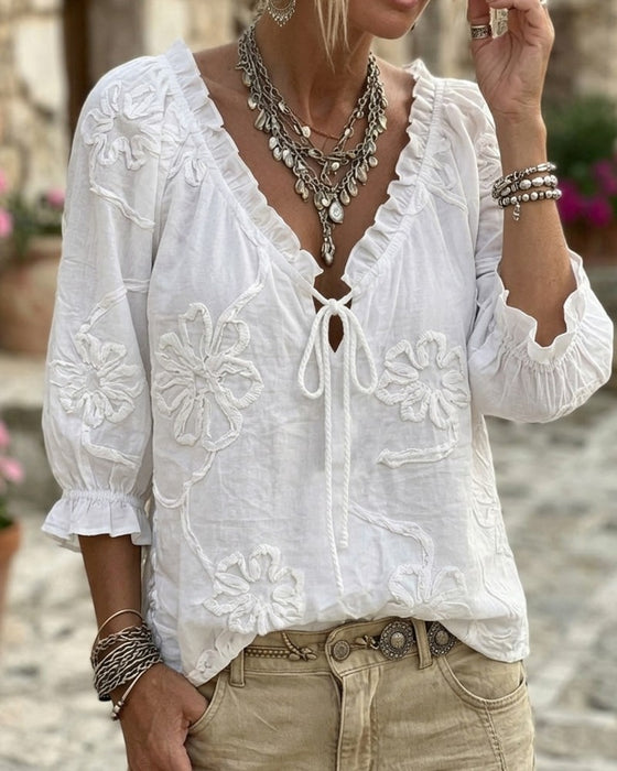 Blouse Col V Enveloppe Cravate Volantée