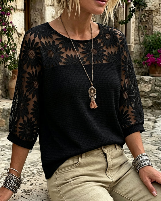T-Shirt Col Rond Dentelle Gaufrage Patchwork