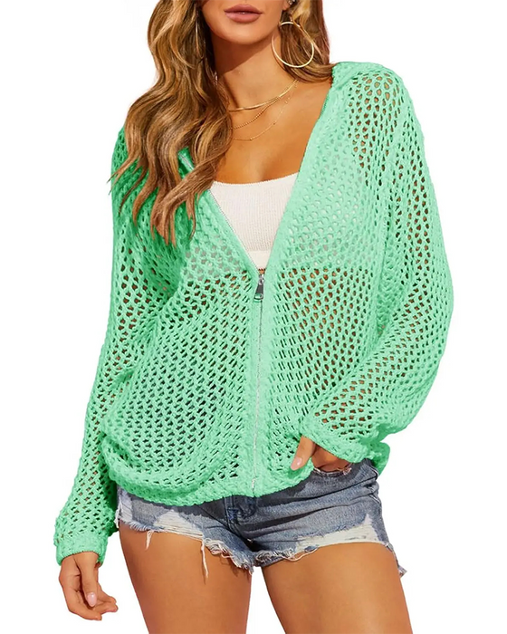 Manteau Fermeture Éclair Creux Mesh Manches Longues