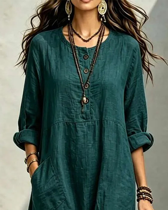 Robe Col Rond Bouton Poche Unie