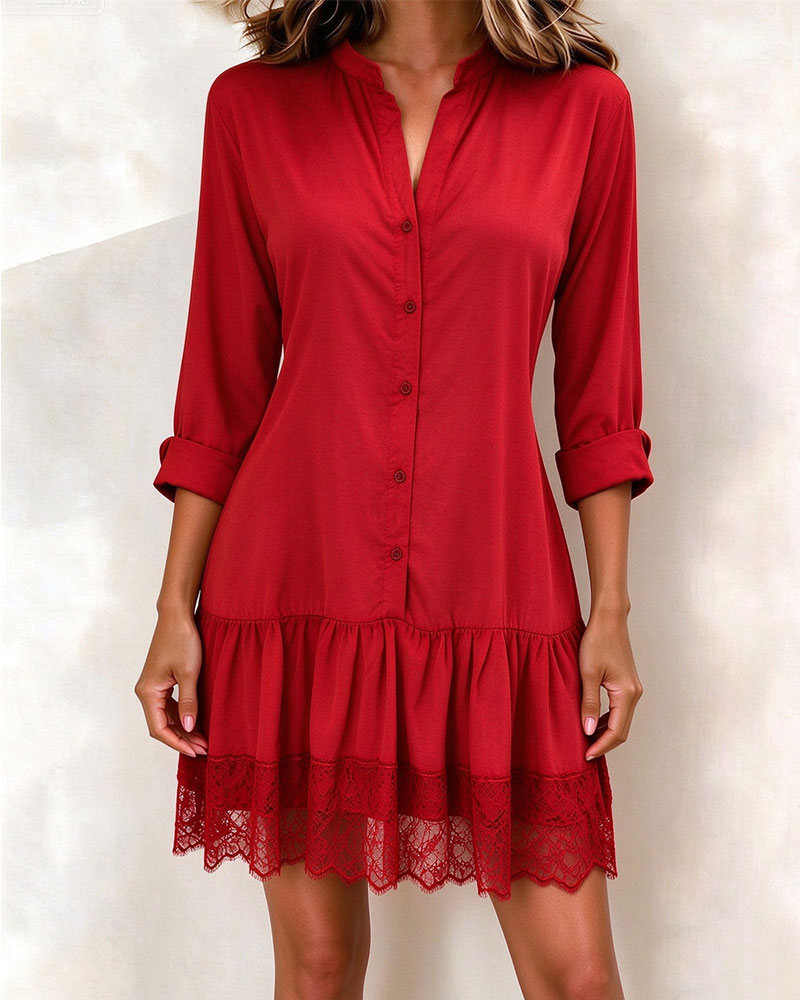 Robe Col Montant Patchwork Bordure En Dentelle