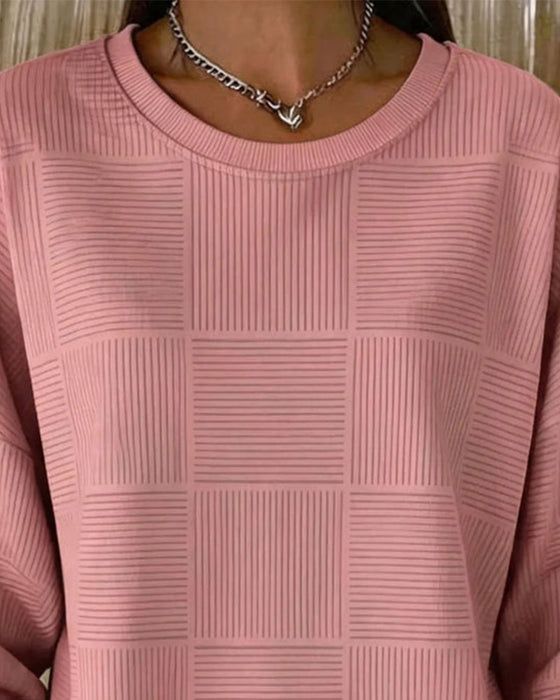 Sweatshirt Texture Quadrillée Manches Longues Unie Pullover