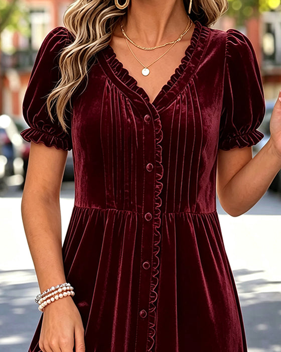 Robe Col V Manche Bouffante Froncée