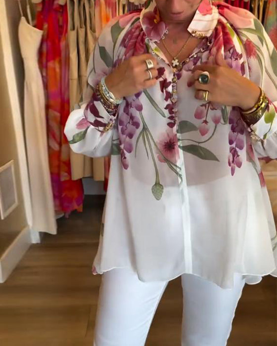 Blouse Manches Lanterne Décontractée Imprimée