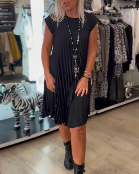 Robe décontractée plissée de couleur unie à col rond