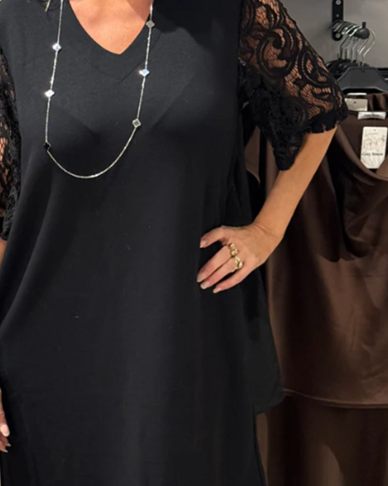 Robe Élégante Col V Robe À Manches En Dentelle