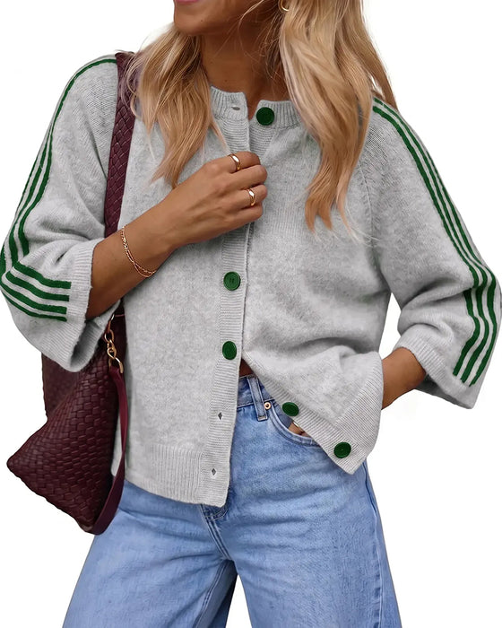 Cardigan Rayé 3/4 Manche Bouton