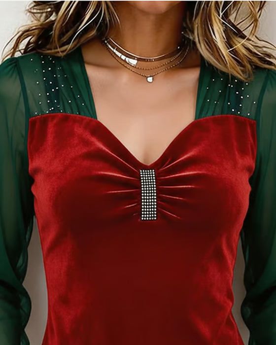 Blouse Col En V Froncé Maille Bloc De Couleur Coupe Ajustée