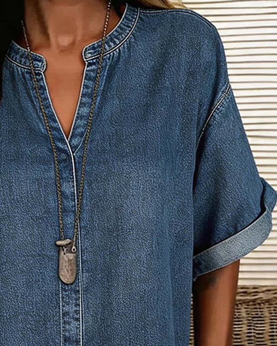 Chemisiers Col V Denim Manches Courtes