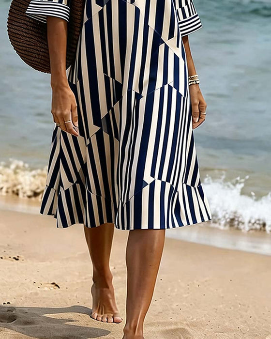 Robe Rayée Demi-Manche Col V