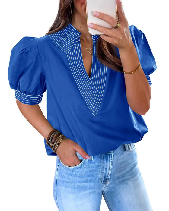 Blouse Col V Manche Bouffante Rayée