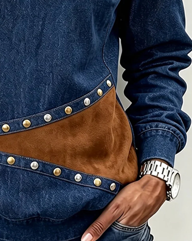 Top Col Rond Denim Spliced Bloc De Couleur