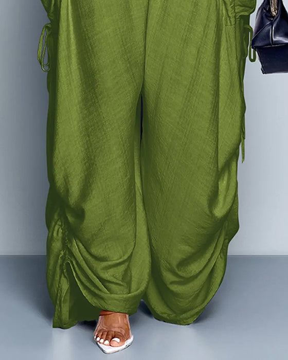 Pantalon Uni Plissé Taille Haute Large