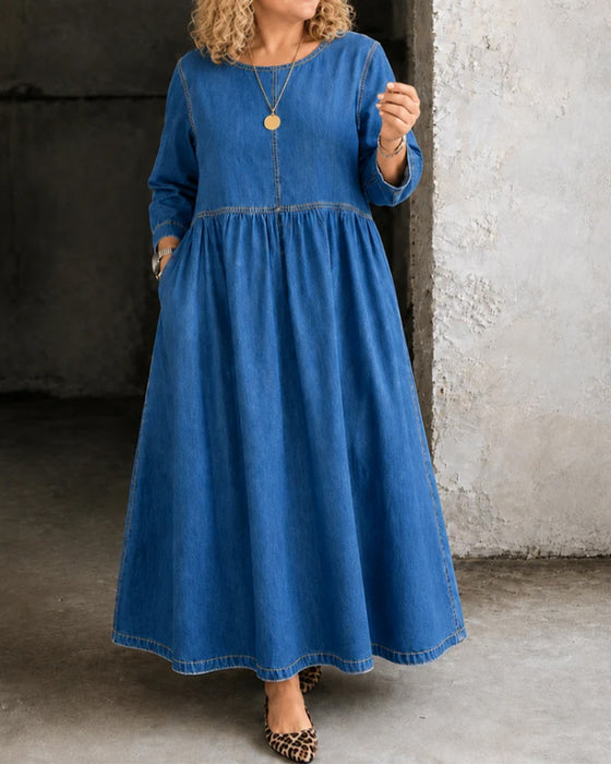 Robe Col Rond Plissée Manche Longue Denim
