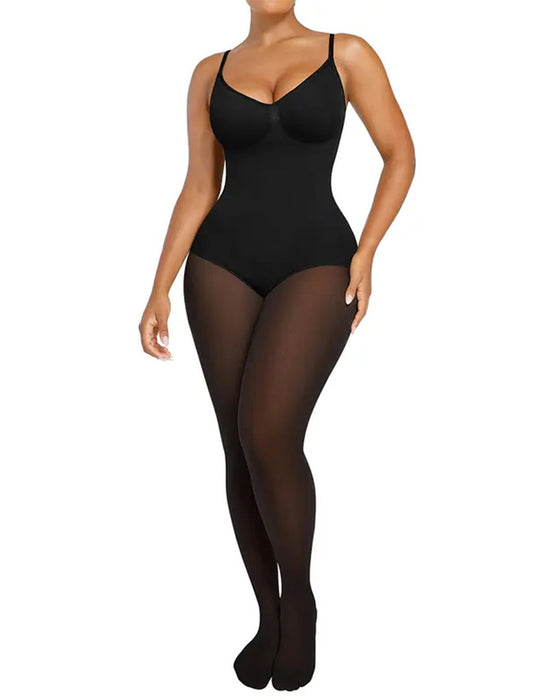 Panneau Transparent Avec Collant Doublé Polaire Stay-Warm Contrôle Du Ventre Effet Transparent Collant Bodysuit Noir Basique