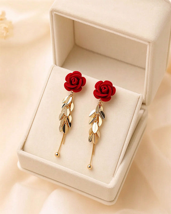 Boucles D'oreilles Rose Veloutée Cœur Long Pendentif