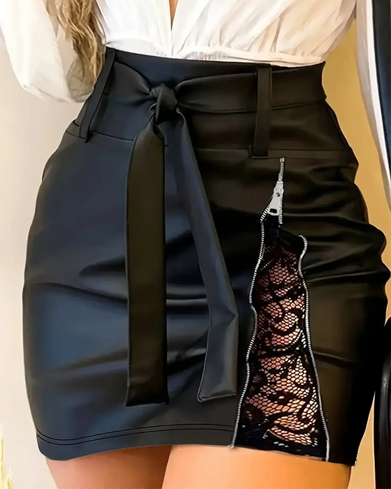 Jupe Dentelle Patchwork Bodycon PU
