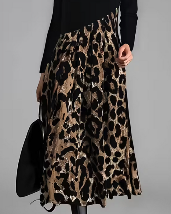 Robe Col Rond Léopard Jupe Ample