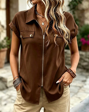 Blouse Fermeture Éclair Revers Manches Courtes