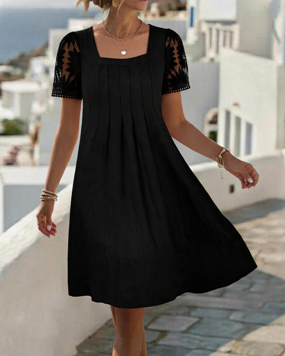 Robe Col Carré Unie Dentelle Patchwork Taille Haute