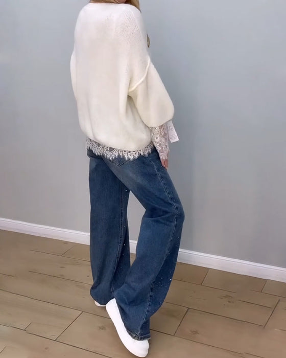 Pull Élégant Douillet Dentelle Patchwork