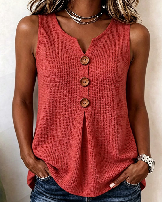 Tank Top Sans Manches Petit Col V Gaufre Uni