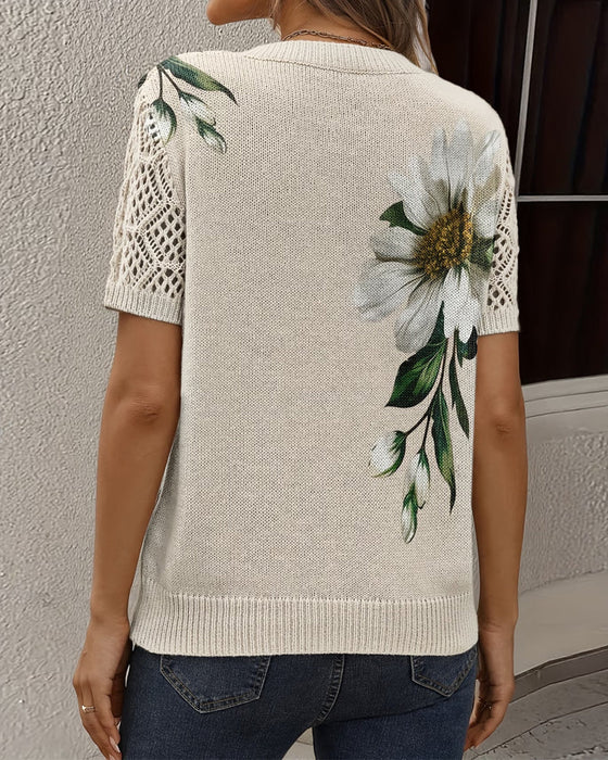 Pull-Over Col En V Tricoté Fleuri
