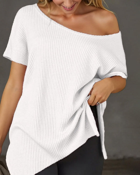 T-Shirt Irrégulier Off-Shoulder Manche Courte Côtelé