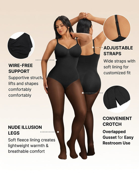 Panneau Transparent Avec Collant Doublé Polaire Stay-Warm Contrôle Du Ventre Effet Transparent Collant Bodysuit Noir Basique
