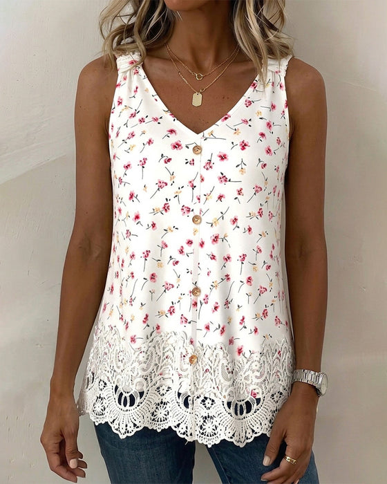 Tank Top Col V Bretelle Spaghetti Florale Dentelle Patchwork