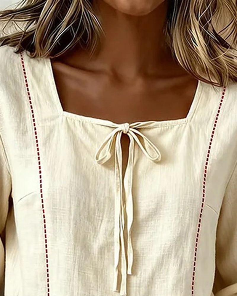 Blouse Col Carré Attache Devant Coupe Loose
