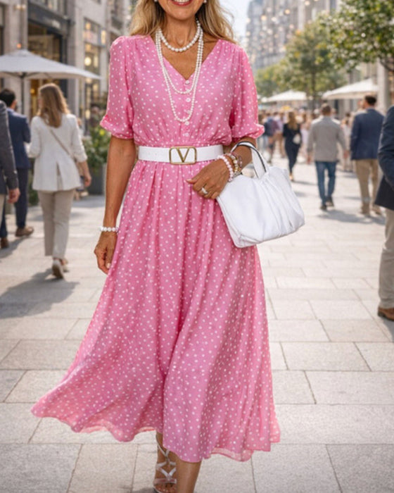 Robe Col En V Bouton À Pois Taille Cintrée