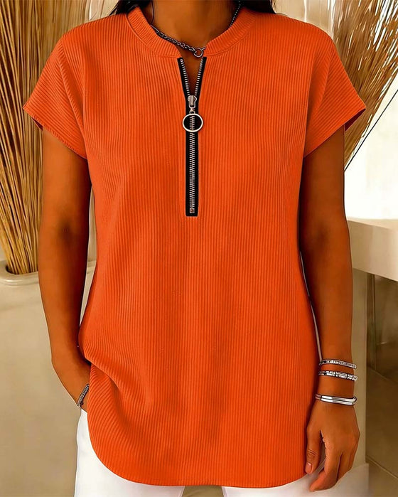 Blouse Unie Manche Courte Fermeture Éclair