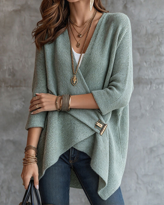 Pull Col En V Croisé Bouton Métallique Asymétrique