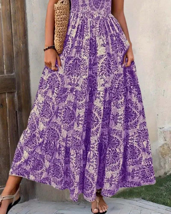 Robe Rétro Imprimé Col En V Taille Cintrée Longue