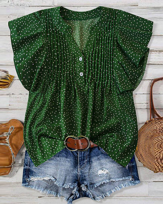 Blouse Manches Volants Col V Pois