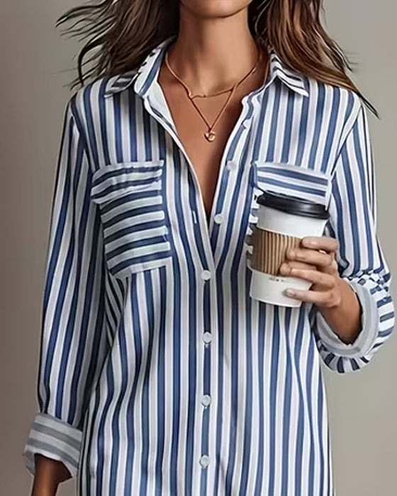 Robe Revers Rayure Verticale Chemise