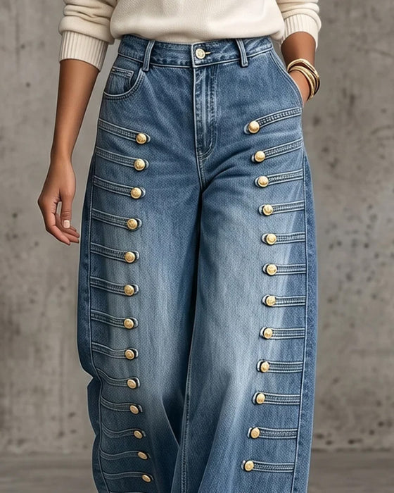 Pantalon Bouton Poche Coupe Large Denim Long