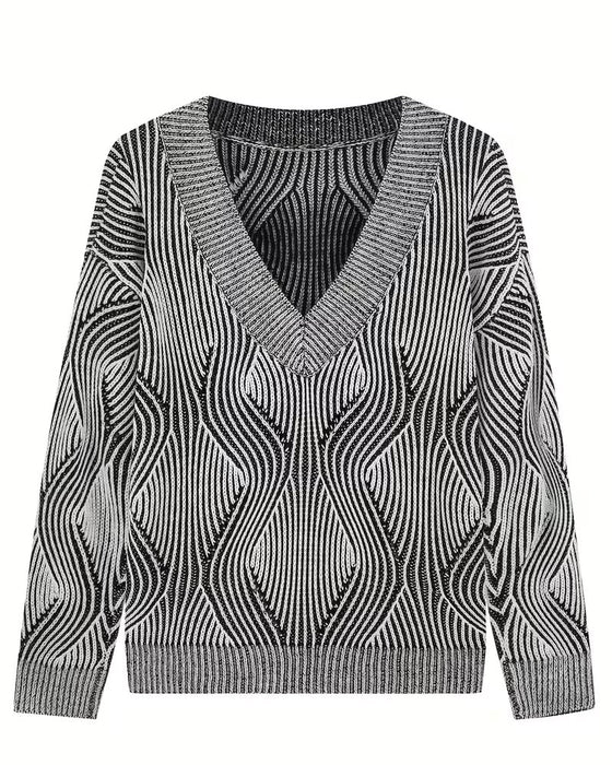 Pull Géométrique Rayé Col V Manches Longues