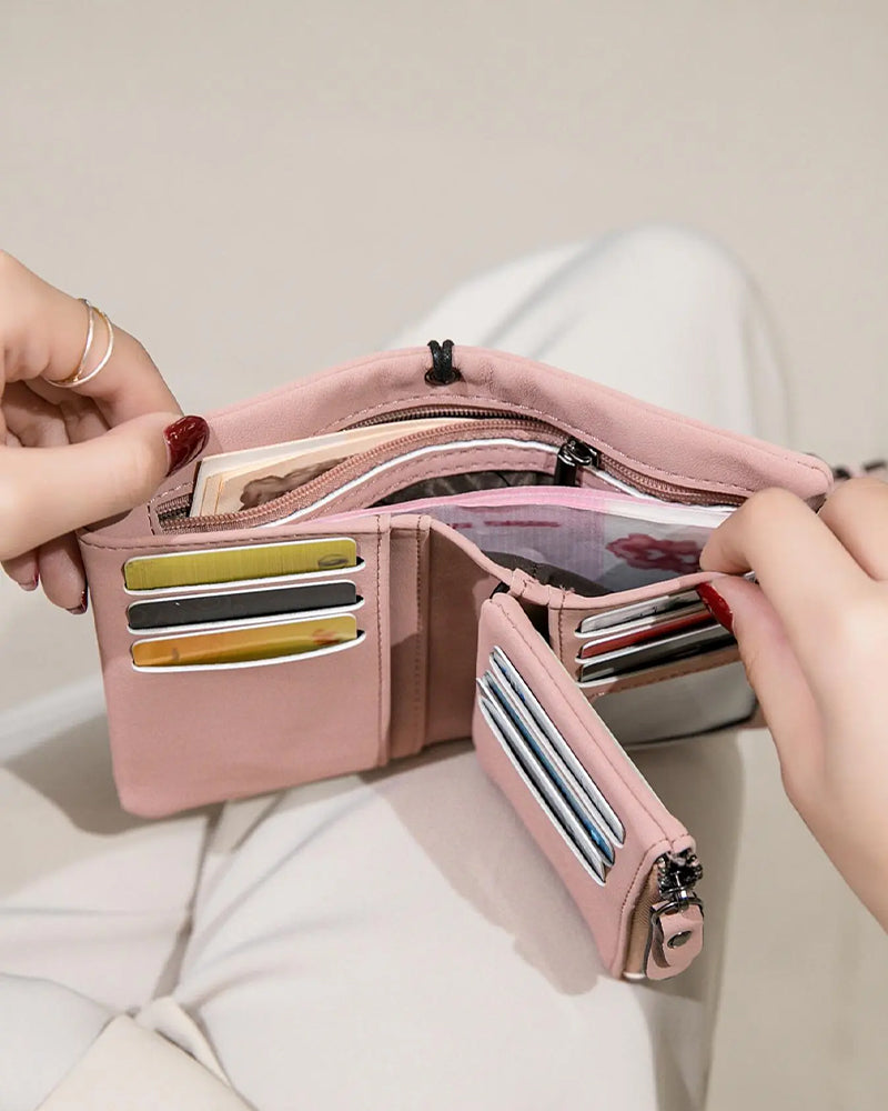 Portefeuille Court Minimaliste Élégant Pour Femme Avec Dragonne, Portefeuille Polyvalent À Fermeture Éclair Pour Cartes, Portefeuille Tendance Pour Un Usage Quotidien