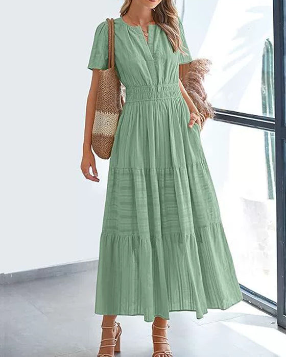 Robe Col En V Froncé Manche Bouffante Manches Courtes