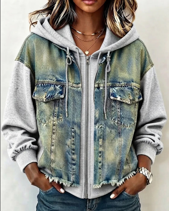 Manteau Denim Patchwork À Capuche Sweat