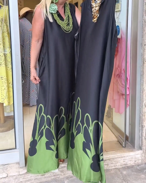 Robe Revers Sans-Manches Bloc-Couleur Jupe-Pleine
